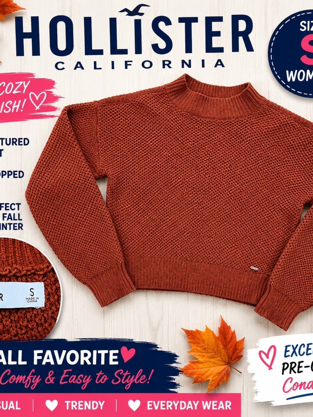 Hollister Womens Small Rust Textured Knit Cropped Sweater Long Sleeve Mock Neck